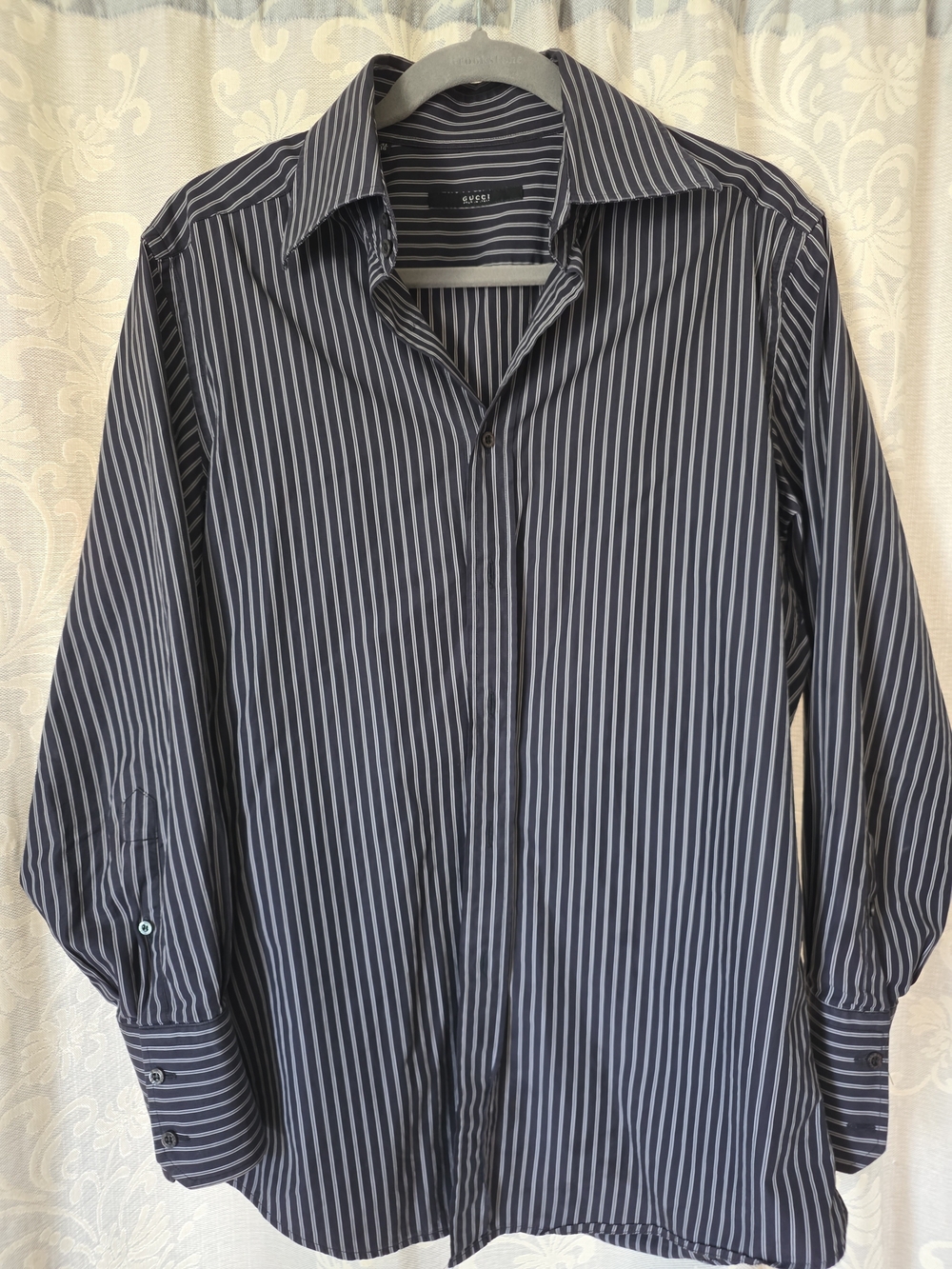 Gucci Men's Dark Gray and White Vertical Stripe Dress Shirt
